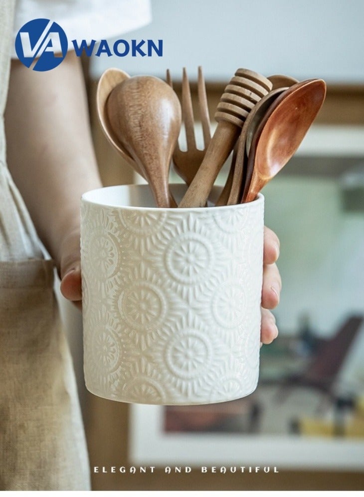 WAOKN Utensil Holder vase 10.6cm Kitchen Utensil Holder for Kitchen Counter Ceramic Kitchen Utensil Holder for Countertop Stable Bright White Kitchen Decor  - Image 2