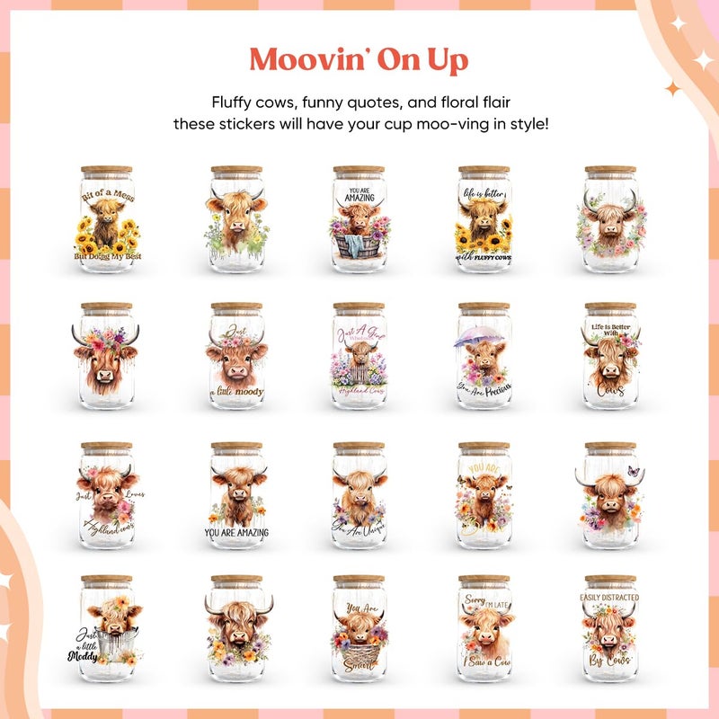 Kaciola Studio Cow Uv Dtf Cup Wrap -20 Sheets Highland Cow Theme Uv Dtf Cup Wraps For 16 Oz Glass Mugs Coffee  Uv Dtf Decals Waterproof Rub On Transfer Stickers Diy Mug Glasses Crafting - Image 2