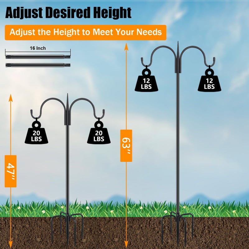 FEED GARDEN Adjustable Double Shepherds Hook for Outdoor with 5 Prong Base 63 Inch Heavy Duty Two Sided Bird Feeder Pole for Hanging Plant Baskets, Solar Light Lanterns, Wind Chimes - Image 3