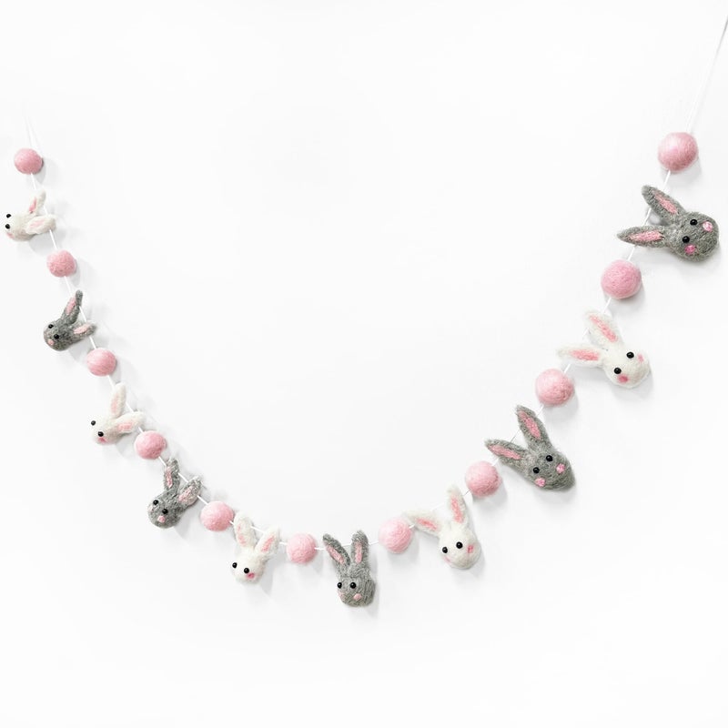 pinkblume Easter Felt Garland Wool Rabbit Pom Pom Banner,Handmade Bunny Ball Garland for Easter Holiday Baby Shower/Some Bunny is One/Nursery Decorations/Wall Hanging Decor(White/Pink/Grey) - Image 1