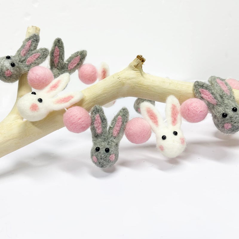 pinkblume Easter Felt Garland Wool Rabbit Pom Pom Banner,Handmade Bunny Ball Garland for Easter Holiday Baby Shower/Some Bunny is One/Nursery Decorations/Wall Hanging Decor(White/Pink/Grey) - Image 3