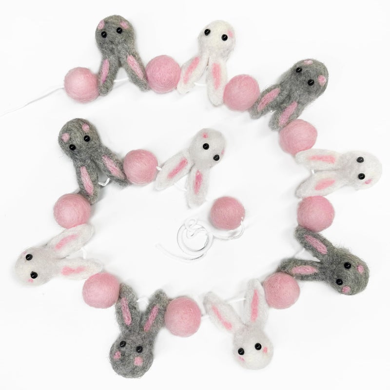 pinkblume Easter Felt Garland Wool Rabbit Pom Pom Banner,Handmade Bunny Ball Garland for Easter Holiday Baby Shower/Some Bunny is One/Nursery Decorations/Wall Hanging Decor(White/Pink/Grey) - Image 2