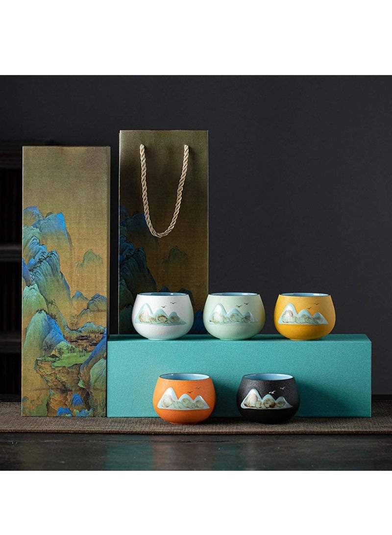 5 pieces 130ml Chinese Ceramic tea cup gift box, Ceramic Asian tea cup ,Handle less Arhat Cup, Japanese tea cup set, suitable for gift collection outdoor office tea drinking  - Image 2