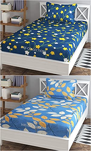 VAS COLLECTIONS Glace-Cotton Single Bedsheet Combo (Pack of 2) | Supersoft 160 TC - Set of 2 bedsheet with 2 Pillow Cover - Breathable & Wrinkle Free - 4 Pcs Set | Cream & Blue - Image 1