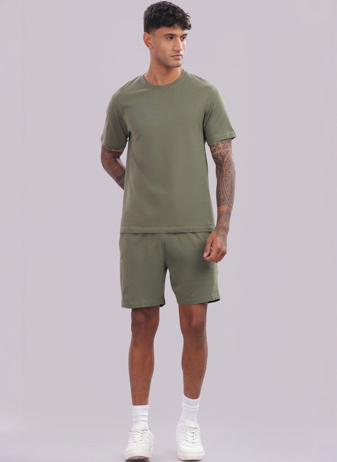 OUTLAWS Olive Green Round Neck T-Shirt & Shorts Co-Ords Set - Image 1
