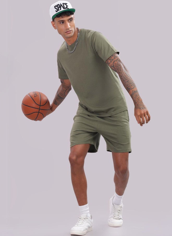 OUTLAWS Olive Green Round Neck T-Shirt & Shorts Co-Ords Set - Image 5