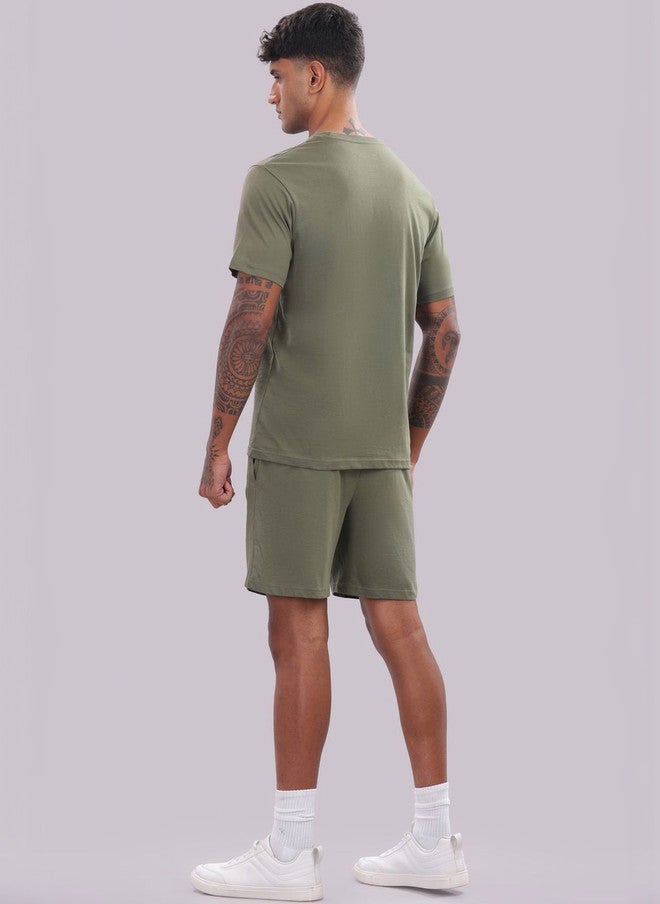 OUTLAWS Olive Green Round Neck T-Shirt & Shorts Co-Ords Set - Image 2
