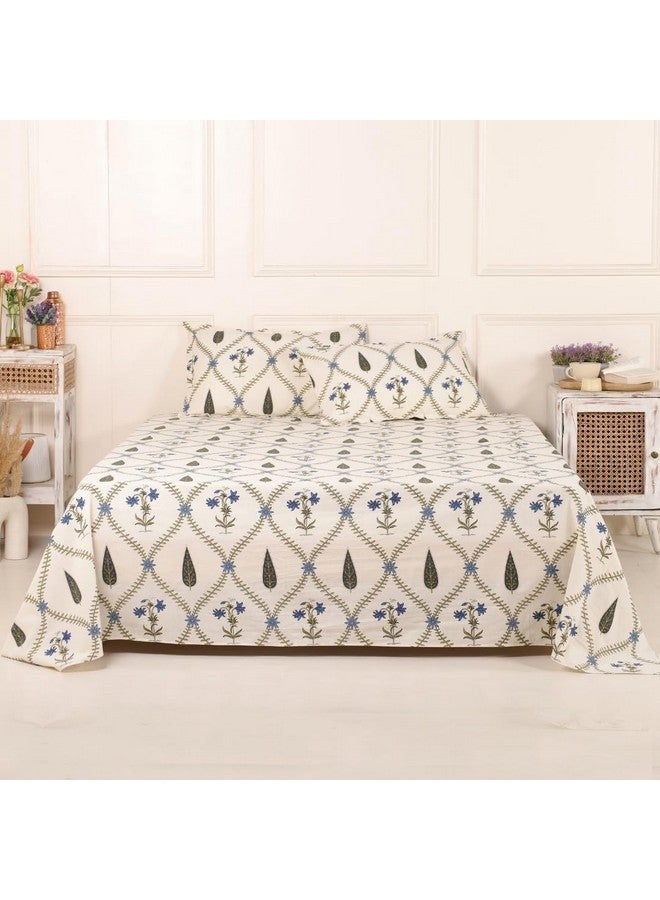 Peepul Tree Pure Cotton Hand-Block Jaipuri Printed Double Bedsheet Set with 2 Pillow Covers | Queen Size | Hand Printed Geometric Design (Cypress Blue, Queen) - Image 1
