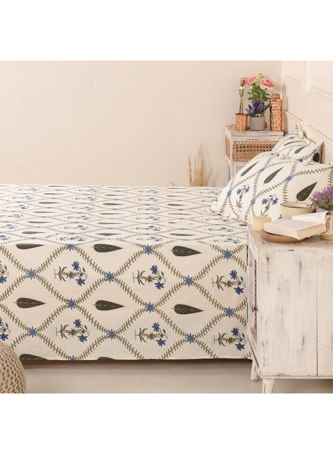 Peepul Tree Pure Cotton Hand-Block Jaipuri Printed Double Bedsheet Set with 2 Pillow Covers | Queen Size | Hand Printed Geometric Design (Cypress Blue, Queen) - Image 2