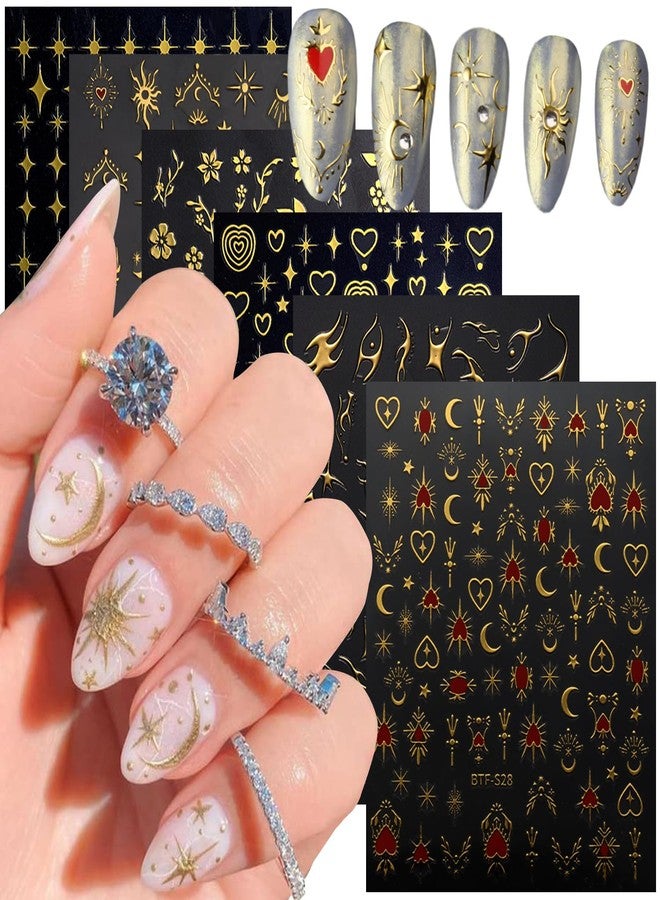 Vezocim Gold Nail Art Stickers, Sun Moon Stars Heart Line Flower Nail Self-Adhesive Sticker Design, 3D Gold Nail Transfer Decals for Women Girls Manicure Charms Decorations, DIY Nail Art Decal - Image 1