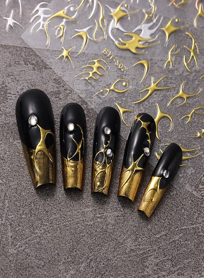 Vezocim Gold Nail Art Stickers, Sun Moon Stars Heart Line Flower Nail Self-Adhesive Sticker Design, 3D Gold Nail Transfer Decals for Women Girls Manicure Charms Decorations, DIY Nail Art Decal - Image 3