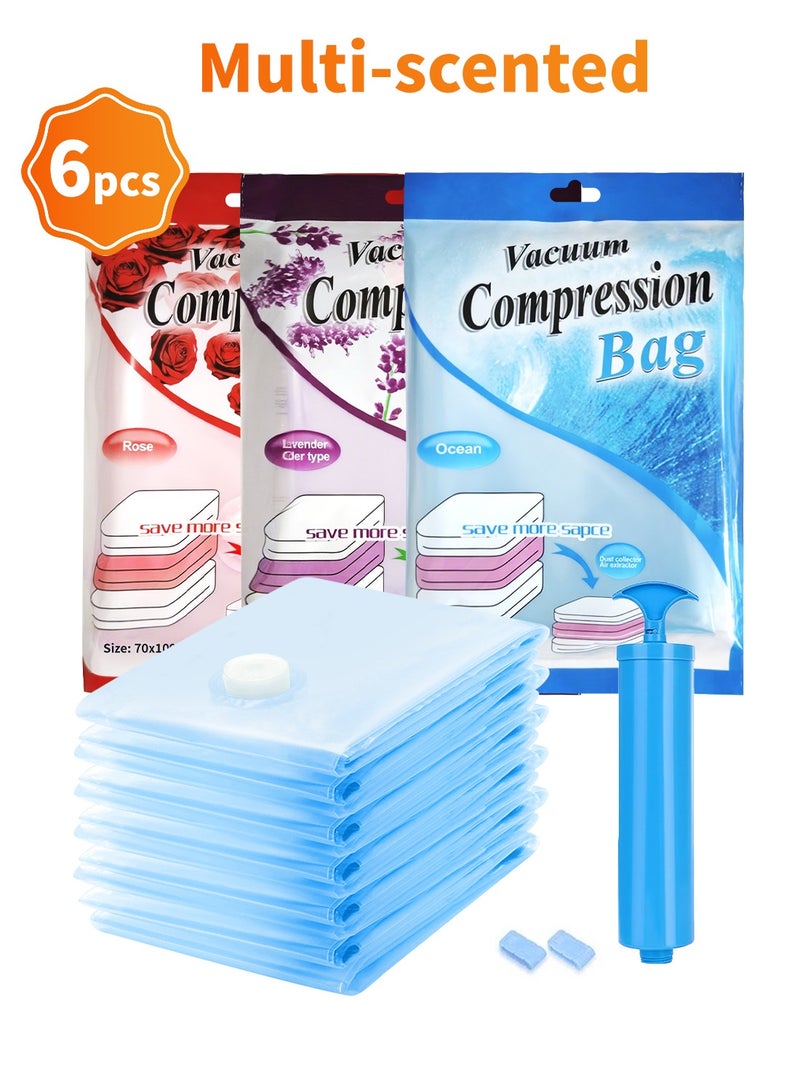 Scented Storage Bags, 6 Packs with free pump, Reusable Compression Bags Space Saver, Vacuum Bag for Packing, Clothes, Bedding, Traval  - Image 1