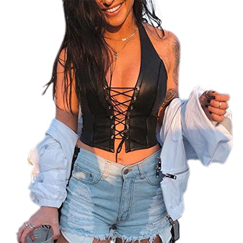 BEARUN Black Corset Top PU leather Sexy Bustier Crop Tops for Women Adjustable Spaghetti Strap Cami Tank Top Rave Outfit Party Club Night Medium - Image 1