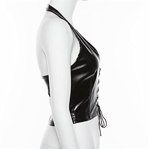 BEARUN Black Corset Top PU leather Sexy Bustier Crop Tops for Women Adjustable Spaghetti Strap Cami Tank Top Rave Outfit Party Club Night Medium - Image 5