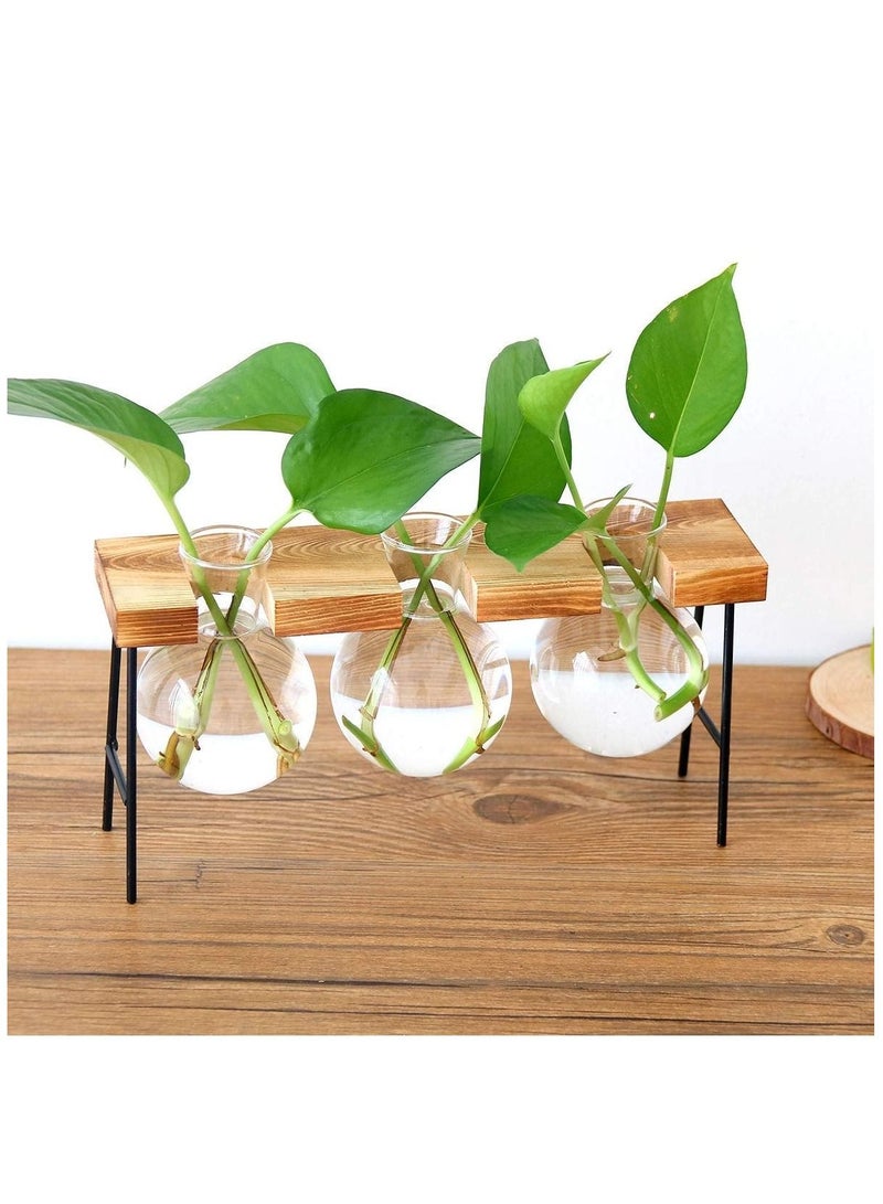 Generic Desktop Glass Flower Pot 3 Bulbs Vase with Retro Solid Wood Small Bench Frame for Hydroponic Plant Family Garden Wedding Decoration - Image 5