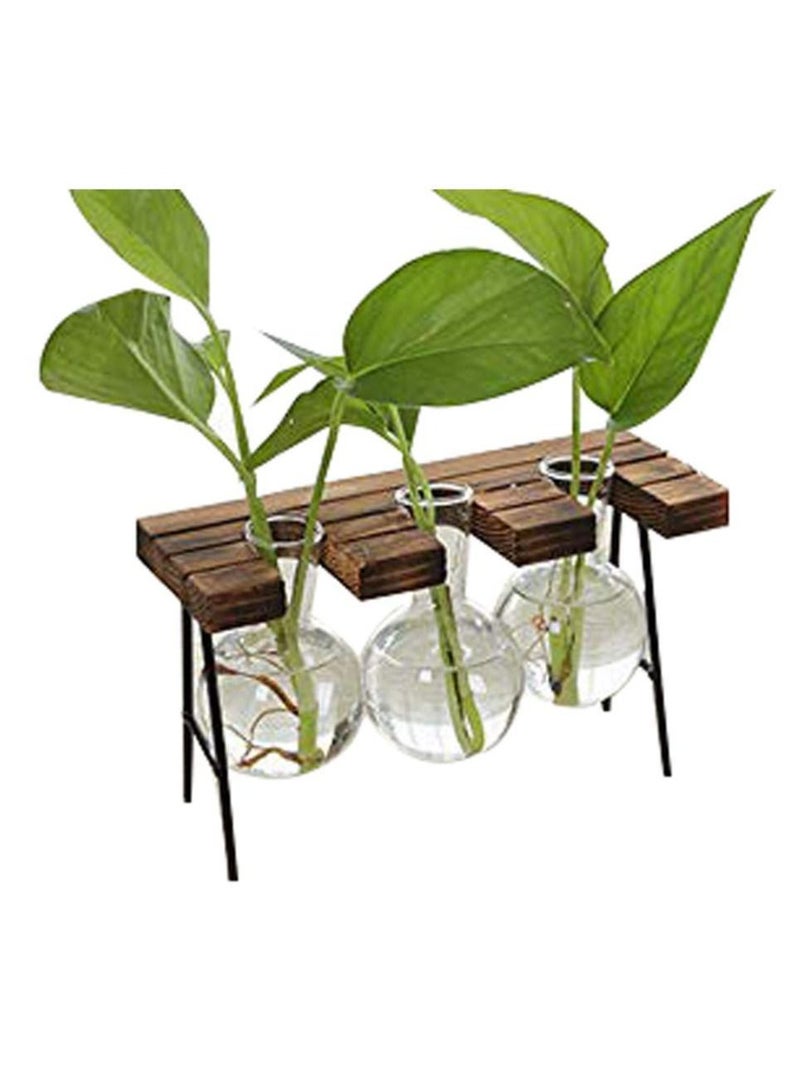 Generic Desktop Glass Flower Pot 3 Bulbs Vase with Retro Solid Wood Small Bench Frame for Hydroponic Plant Family Garden Wedding Decoration - Image 2