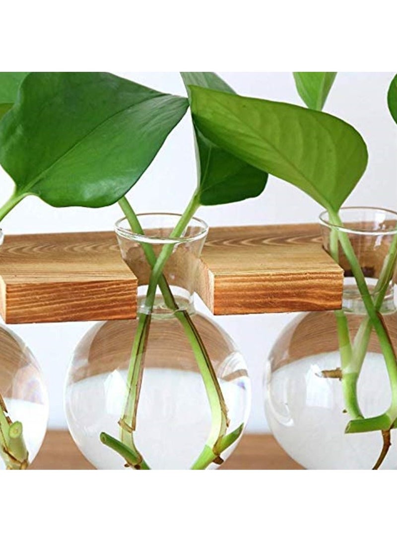Generic Desktop Glass Flower Pot 3 Bulbs Vase with Retro Solid Wood Small Bench Frame for Hydroponic Plant Family Garden Wedding Decoration - Image 4