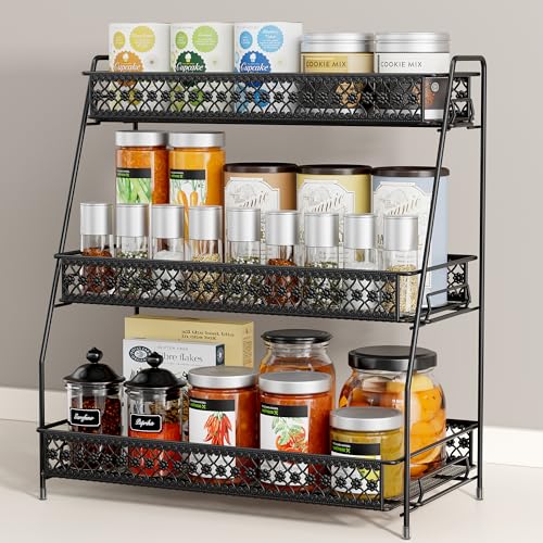 SILUB Vintage 3 Tier Spice Rack Organizer for Kitchen Counter Bathroom Counter Organizer 3 Tier Bathroom Counter Organizer for Spices Makeup Perfumes Retro Countertop Organizer - Image 1