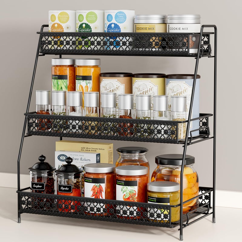 SILUB Vintage 3 Tier Spice Rack Organizer for Kitchen Counter Bathroom Counter Organizer 3 Tier Bathroom Counter Organizer for Spices Makeup Perfumes Retro Countertop Organizer - Image 2