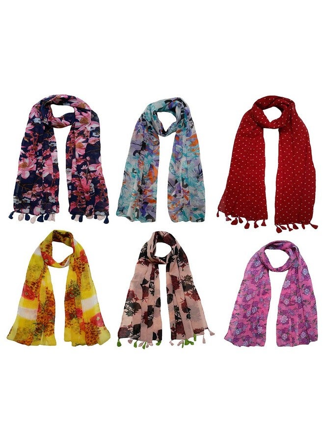 Magic MAGIC Girl's Stylish All over Print Georgette Tassel Scarfs Stole Dupatta (Multicolor,S01-(Pack of 6) - Image 1
