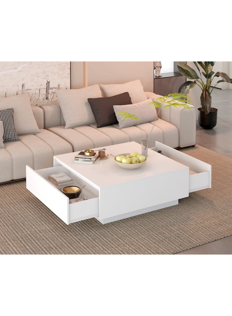 Minimalist Square Coffee Table with 2 Drawers, 90x90x35cm Wood Sofa Side Table with Storage, Morden Center Table for Living Room Apartment Reception Room, White, CJ028 - Image 2
