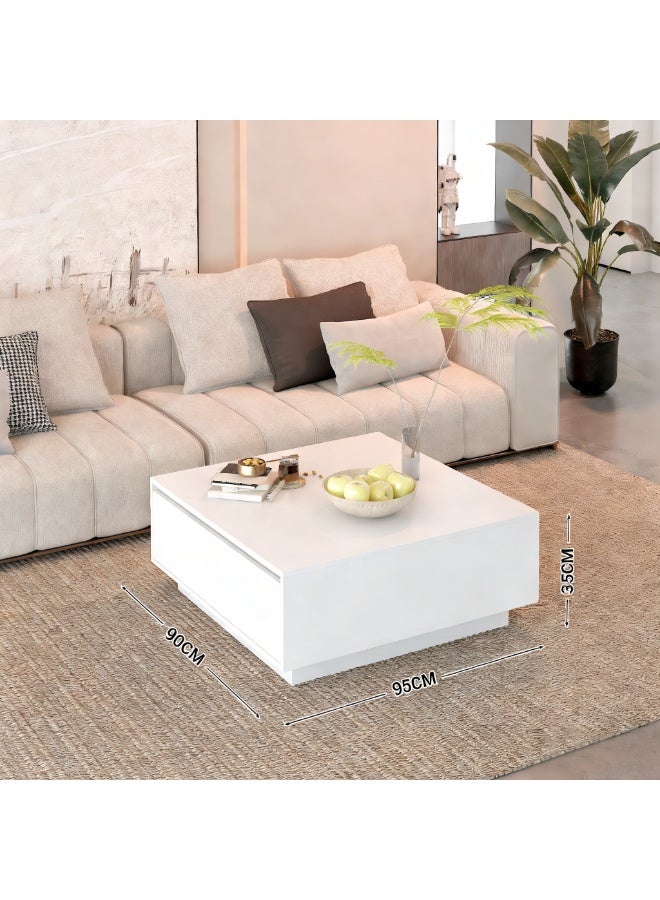 Minimalist Square Coffee Table with 2 Drawers, 90x90x35cm Wood Sofa Side Table with Storage, Morden Center Table for Living Room Apartment Reception Room, White, CJ028 - Image 3