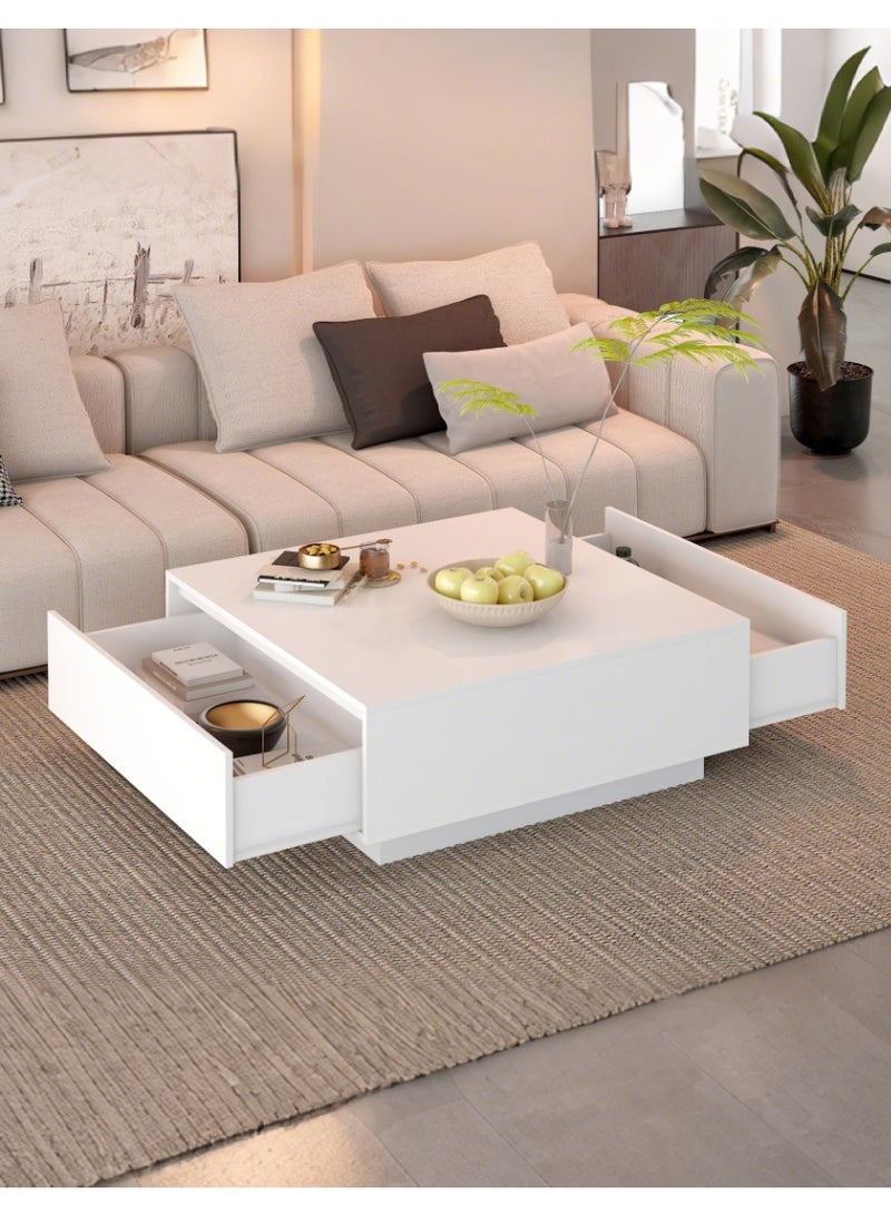 Minimalist Square Coffee Table with 2 Drawers, 90x90x35cm Wood Sofa Side Table with Storage, Morden Center Table for Living Room Apartment Reception Room, White, CJ028 - Image 1