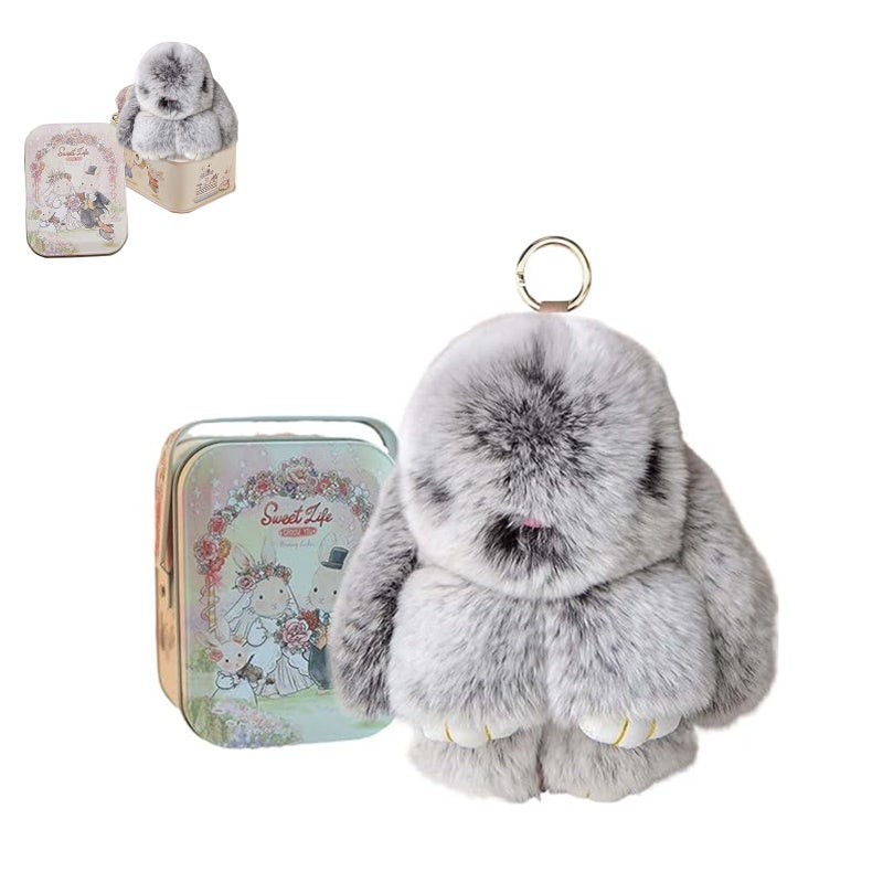 BOVVSKY Bunny Keychain with Box, Bunny Keychain with Tin, BunnyCute Plush Key chain (Frost Grey) - Image 1