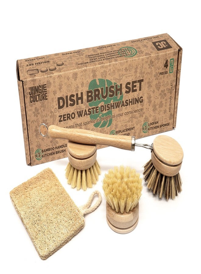 Jungle Culture 4 Piece Bamboo Dish Brush Set for Washing Up • Long Lasting Wooden Dish Brush with 3 Replacement Heads & Loofah Sponge Scourer • Eco Friendly Wooden Scrub Brush for Pots, Pans & Dishes - Image 1