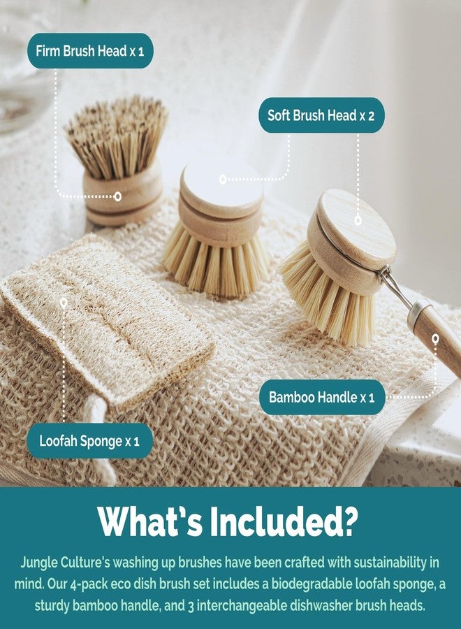 Jungle Culture 4 Piece Bamboo Dish Brush Set for Washing Up • Long Lasting Wooden Dish Brush with 3 Replacement Heads & Loofah Sponge Scourer • Eco Friendly Wooden Scrub Brush for Pots, Pans & Dishes - Image 2