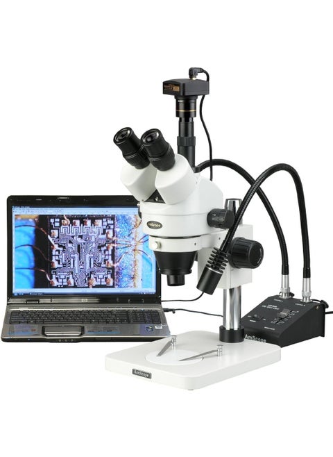 AmScope SM1TSW2L6WM Digital Professional Trinocular Stereo Zoom Microscope WH10x and WH25x Eyepieces 35X225X Magnification 07X45X Zoom Objective 6W DualGooseneck LED Light Pillar Stand 85V265V Includes 05X and 20X Barlow Lenses Includes 13MP Camera with Reduction Lens and Software