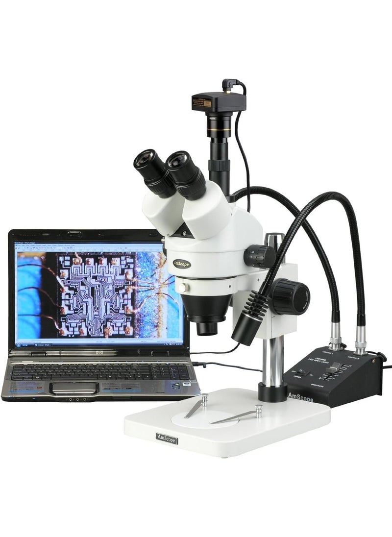 AmScope AmScope SM1TSW2L6WM Digital Professional Trinocular Stereo Zoom Microscope WH10x and WH25x Eyepieces 35X225X Magnification 07X45X Zoom Objective 6W DualGooseneck LED Light Pillar Stand 85V265V Includes 05X and 20X Barlow Lenses Includes 13MP Camera with Reduction Lens and Software  - Image 1