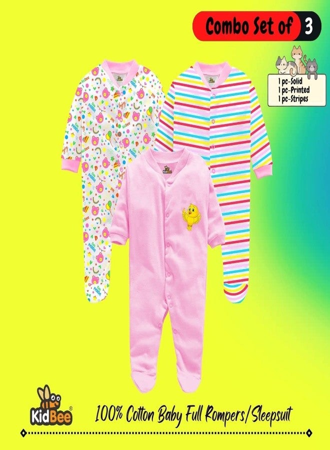 Kidbee Baby Boys & Baby Girls Cotton Bodysuits/Sleepsuit (Pack of 3) (LightPink, 0-3 Months) - Image 3
