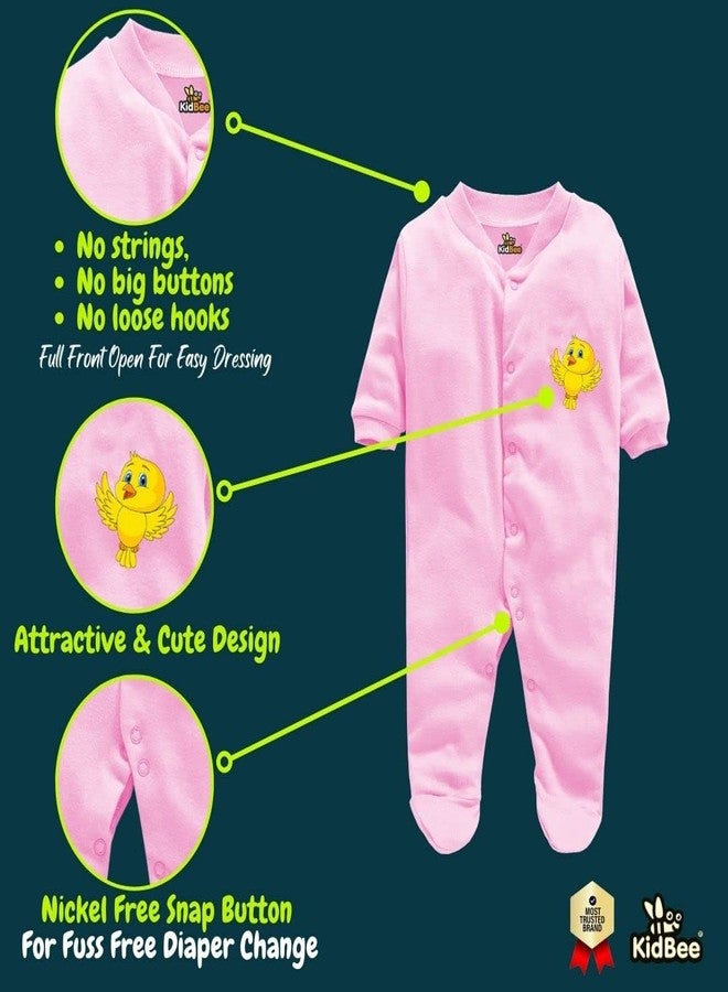 Kidbee Baby Boys & Baby Girls Cotton Bodysuits/Sleepsuit (Pack of 3) (LightPink, 0-3 Months) - Image 4