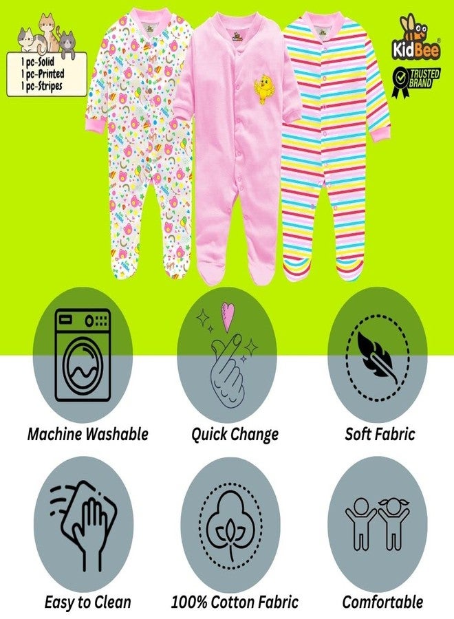 Kidbee Baby Boys & Baby Girls Cotton Bodysuits/Sleepsuit (Pack of 3) (LightPink, 0-3 Months) - Image 5