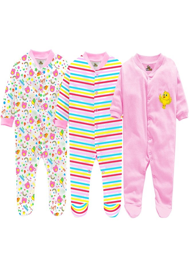 Kidbee Baby Boys & Baby Girls Cotton Bodysuits/Sleepsuit (Pack of 3) (LightPink, 0-3 Months) - Image 1