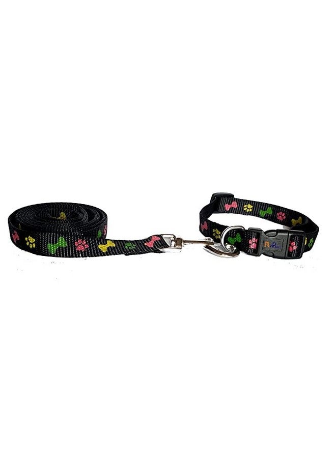 طوق ومقود للكلاب 15 مم مطبوع عليه طوق نايلون قابل للتعديل مع مقود سريع الفك ومجموعة طوق قابلة للتنفس مناسبة للكلاب والقطط (أسود) - Image 2