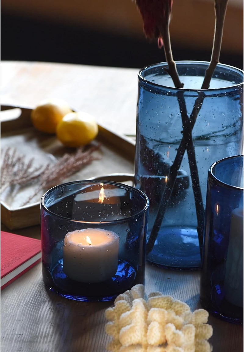 ARIAMOTION Glass Hurricane Candle Holders Bulk for Pillar Blue Seeded Bubbles Cylinder Table Centerpiece Modern Rustic Vases Home Decor 10" 7" 4" Set of 3 - Image 3