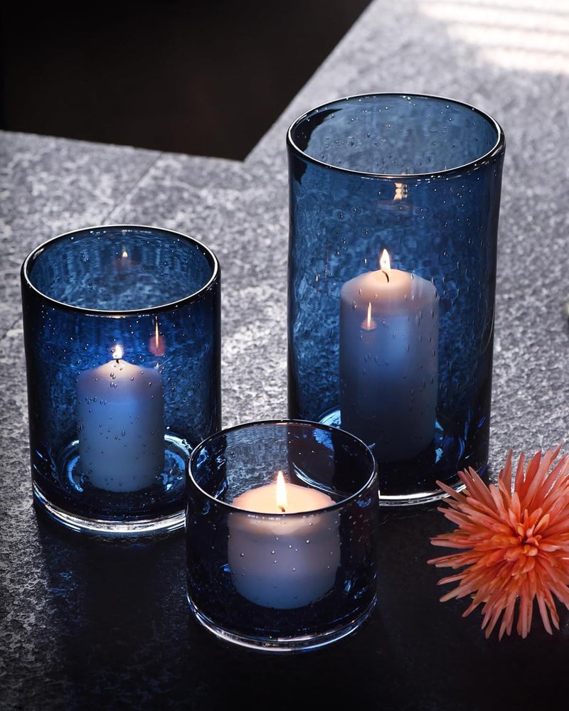 ARIAMOTION Glass Hurricane Candle Holders Bulk for Pillar Blue Seeded Bubbles Cylinder Table Centerpiece Modern Rustic Vases Home Decor 10" 7" 4" Set of 3 - Image 2