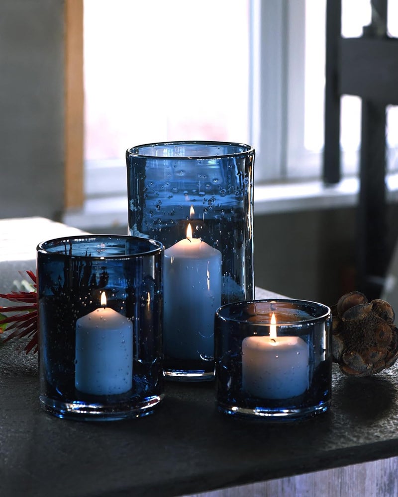 ARIAMOTION Glass Hurricane Candle Holders Bulk for Pillar Blue Seeded Bubbles Cylinder Table Centerpiece Modern Rustic Vases Home Decor 10" 7" 4" Set of 3 - Image 1