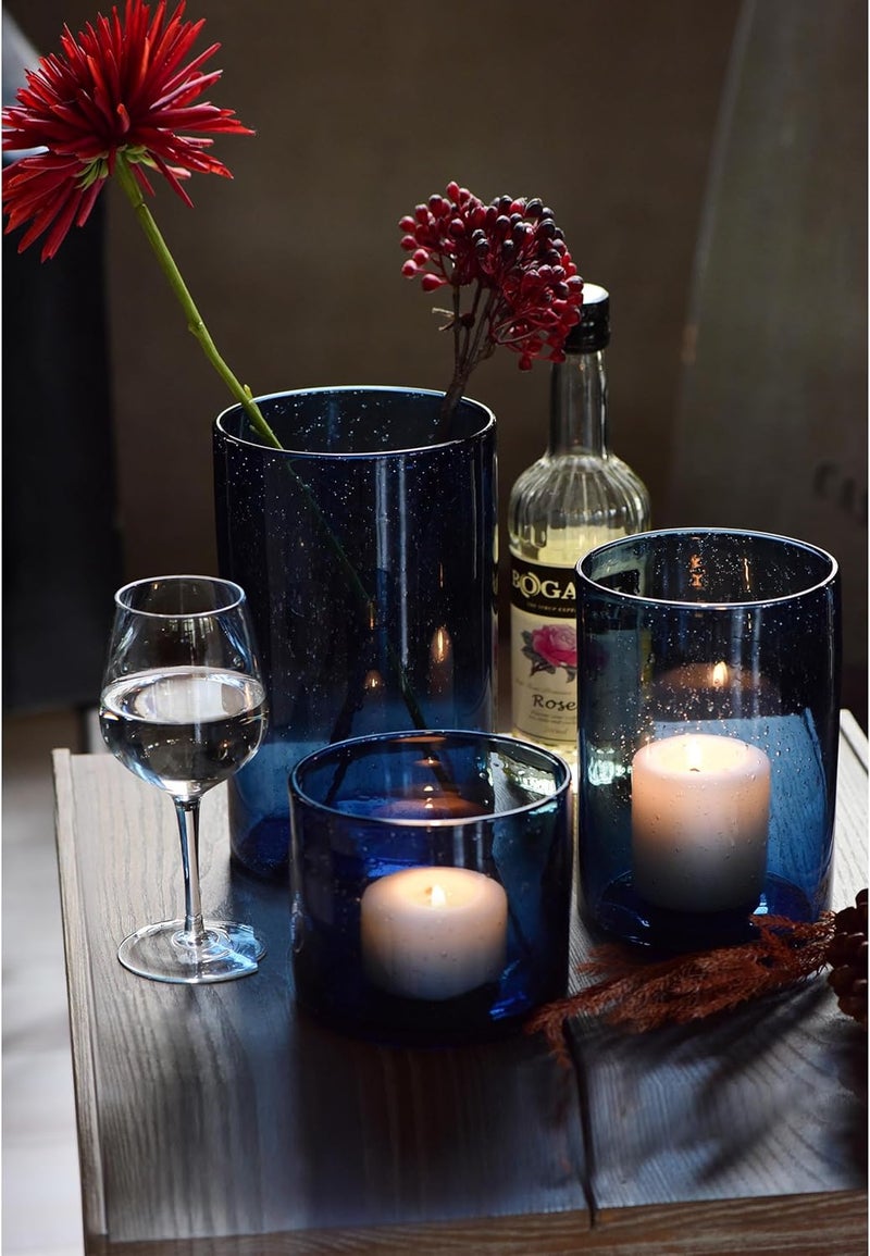 ARIAMOTION Glass Hurricane Candle Holders Bulk for Pillar Blue Seeded Bubbles Cylinder Table Centerpiece Modern Rustic Vases Home Decor 10" 7" 4" Set of 3 - Image 5