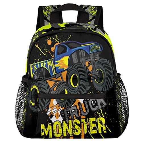 cfpolar Yellow Monster Trucks Car Kids Backpacks for Boys Cute Toddler Backpack Preschool Kindergarten Elementary School Backpack Lightweight Mini Shoulder Bookbag Casual Daypack with Chest Strap - Image 1