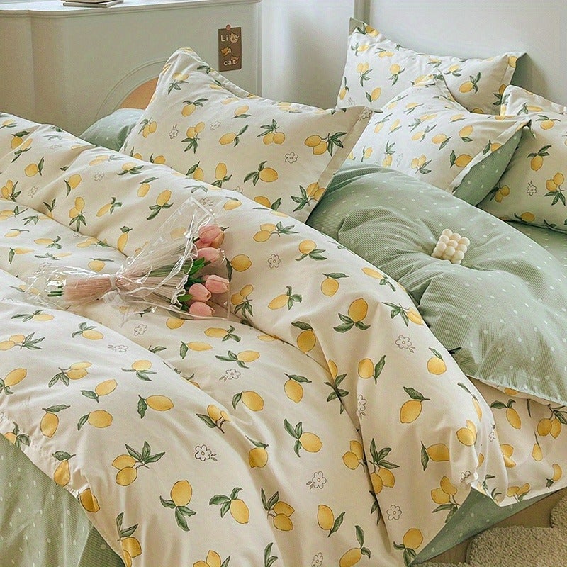 4pcs Bedding (1 Duvet Cover And 1 Fitted Sheet And 2 Pillowcases) with Fresh Lemon Pattern, Microfiber Fabric, Washable, Soft, Machine Washable, Suitable for All Seasons, Pillow Insert Not Included, Can Be Used in for All Seasons - Image 2