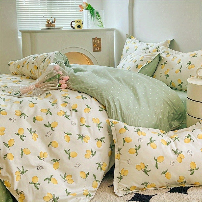 4pcs Bedding (1 Duvet Cover And 1 Fitted Sheet And 2 Pillowcases) with Fresh Lemon Pattern, Microfiber Fabric, Washable, Soft, Machine Washable, Suitable for All Seasons, Pillow Insert Not Included, Can Be Used in for All Seasons - Image 3