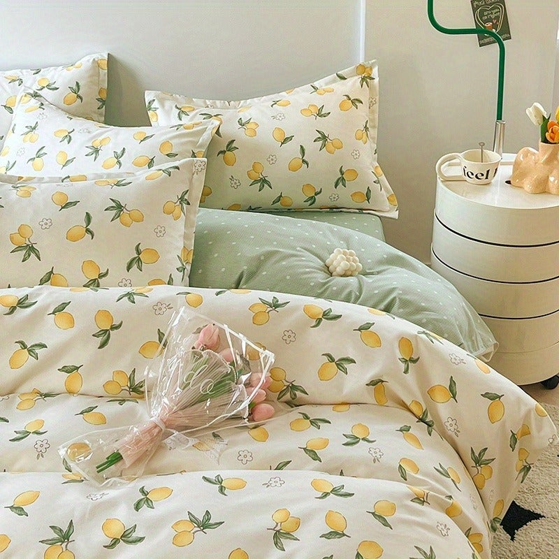 4pcs Bedding (1 Duvet Cover And 1 Fitted Sheet And 2 Pillowcases) with Fresh Lemon Pattern, Microfiber Fabric, Washable, Soft, Machine Washable, Suitable for All Seasons, Pillow Insert Not Included, Can Be Used in for All Seasons - Image 5