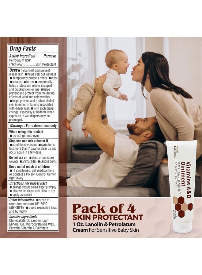 MEDca Vitamin A & D Diaper Rash Ointment- Protectant Cream For Sensitive Baby Skin - Lanolin & Petrolatum Formula, Dry-Cracked Hands/Feet/Face Skin, 1oz Tube, Pack of 4  - Image 4