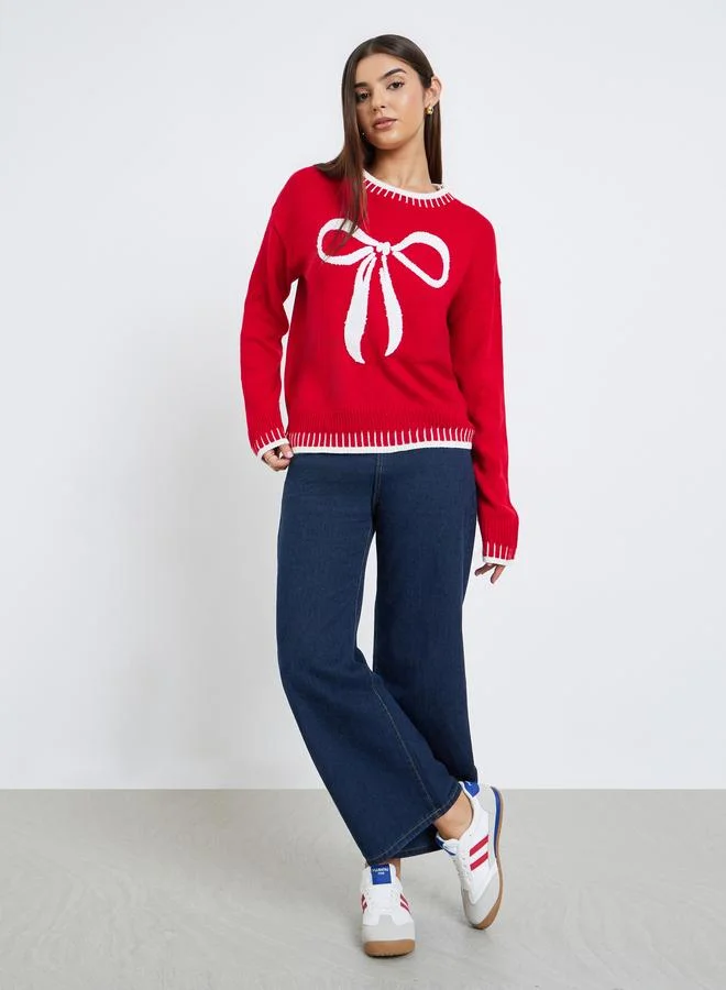 Take Two Red Regular Fit Bow Design Knit Sweater