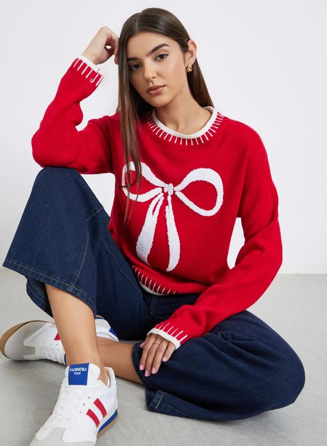 Take Two Red Regular Fit Bow Design Knit Sweater