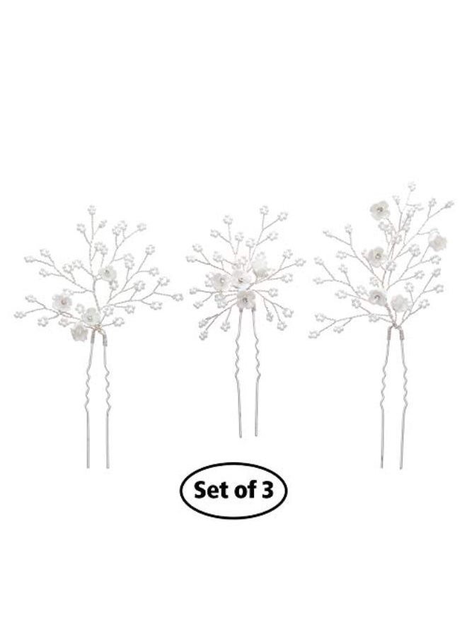 SWEETV Flower Beaded Wedding Hair Pins Rhinestone Bridal Hair Accessories Decorative For Brides And Bridesmaid(Pack Of 3), Silver  - Image 1