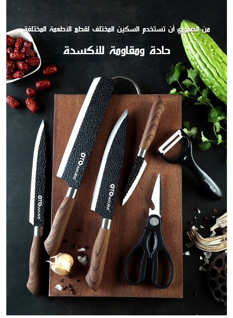 مجموعة سكاكين مطبخ مكونة من 6 قطع مع مبراة - مجموعة كتلة سكاكين من الفولاذ المقاوم للصدأ عالي الكربون بمقابض مريحة - أسود - Image 2